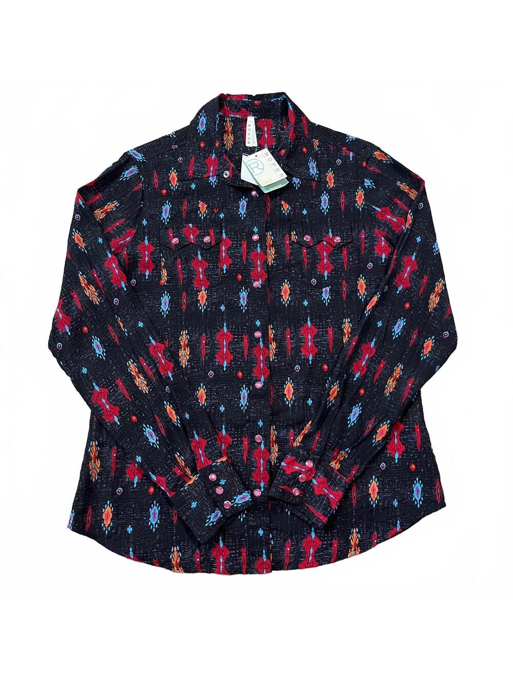 NWT Roper Womens Southerwestern Printed Pearl Snap Rayon Shirt Black Size Medium